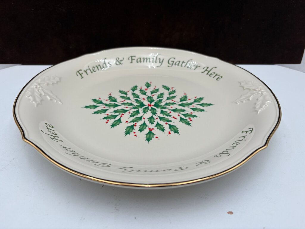 Lenox Holiday Dimensions Collection "Friends & Family Gather Here" Holly Leaf Platter 12""