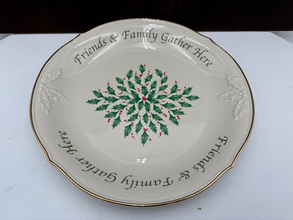 Lenox Holiday Dimensions Collection "Friends & Family Gather Here" Holly Leaf Platter 12""