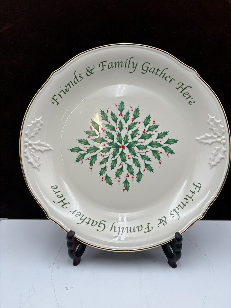 Lenox Holiday Dimensions Collection "Friends & Family Gather Here" Holly Leaf Platter 12""