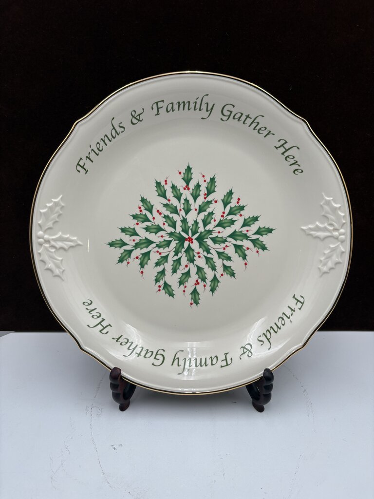 Lenox Holiday Dimensions Collection "Friends & Family Gather Here" Holly Leaf Platter 12""