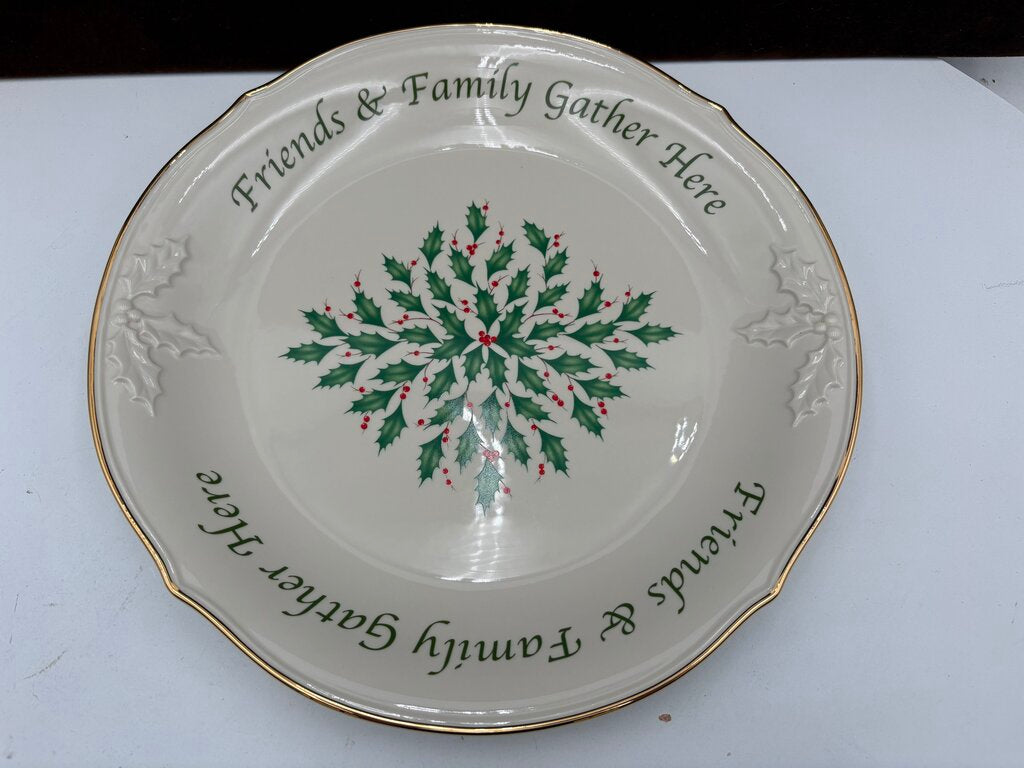 Lenox Holiday Dimensions Collection "Friends & Family Gather Here" Holly Leaf Platter 12""