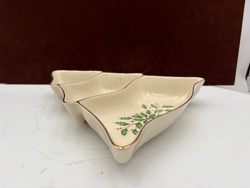 Lenox Holiday Dimensions Collection Gold Trim Tree Three Divided Serving Dish 10"