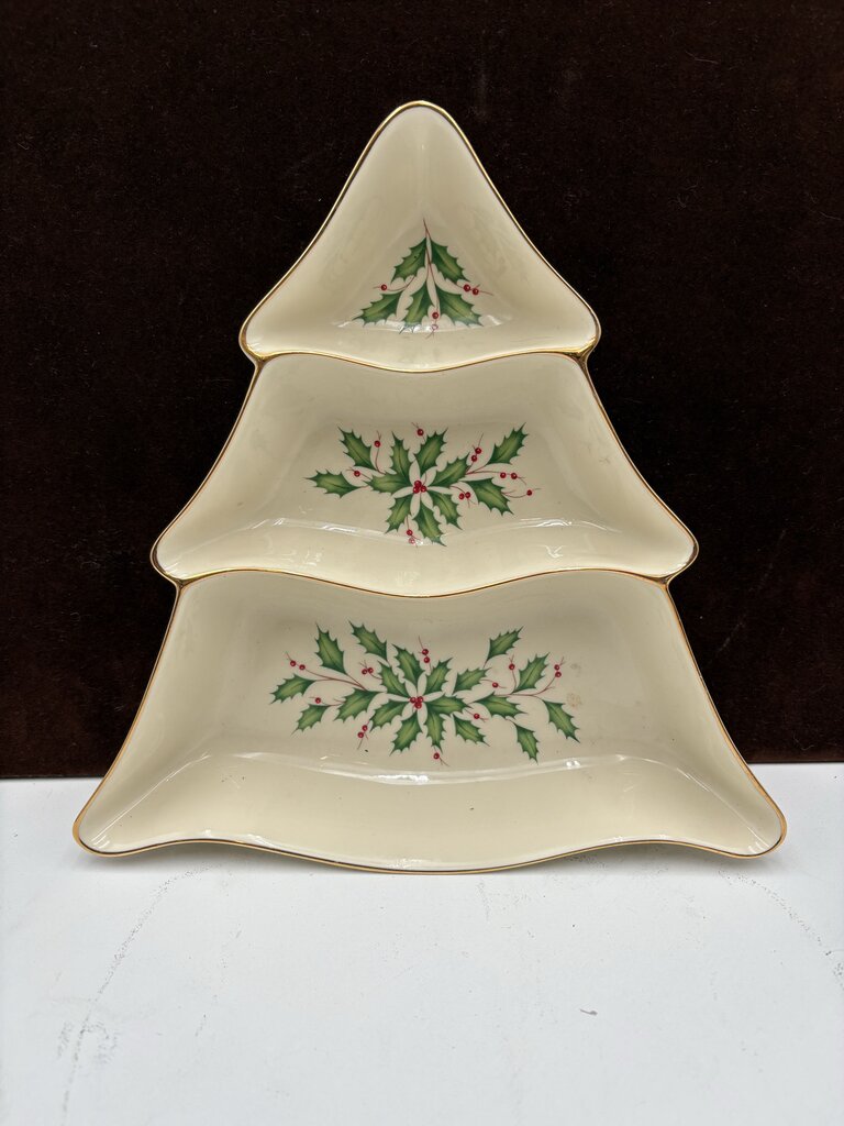 Lenox Holiday Dimensions Collection Gold Trim Tree Three Divided Serving Dish 10"
