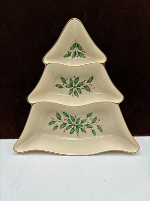 Lenox Holiday Dimensions Collection Gold Trim Tree Three Divided Serving Dish 10"