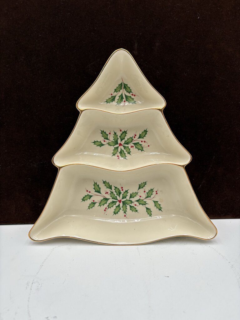 Lenox Holiday Dimensions Collection Gold Trim Tree Three Divided Serving Dish 10"