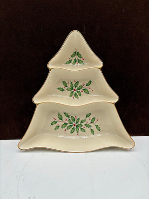 Lenox Holiday Dimensions Collection Gold Trim Tree Three Divided Serving Dish 10"