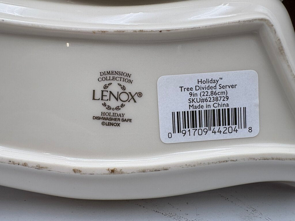 Lenox Holiday Dimensions Collection Gold Trim Tree Three Divided Serving Dish 10"