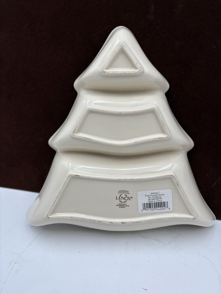 Lenox Holiday Dimensions Collection Gold Trim Tree Three Divided Serving Dish 10"