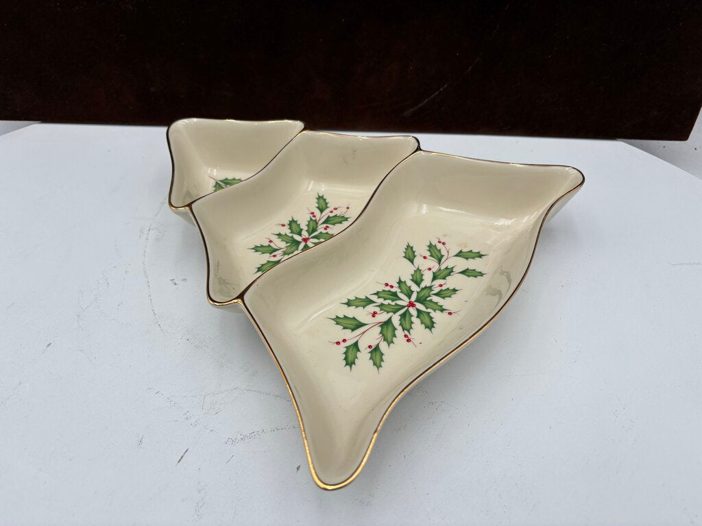 Lenox Holiday Dimensions Collection Gold Trim Tree Three Divided Serving Dish 10"
