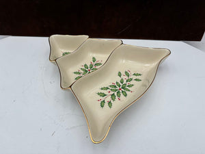 Lenox Holiday Dimensions Collection Gold Trim Tree Three Divided Serving Dish 10"