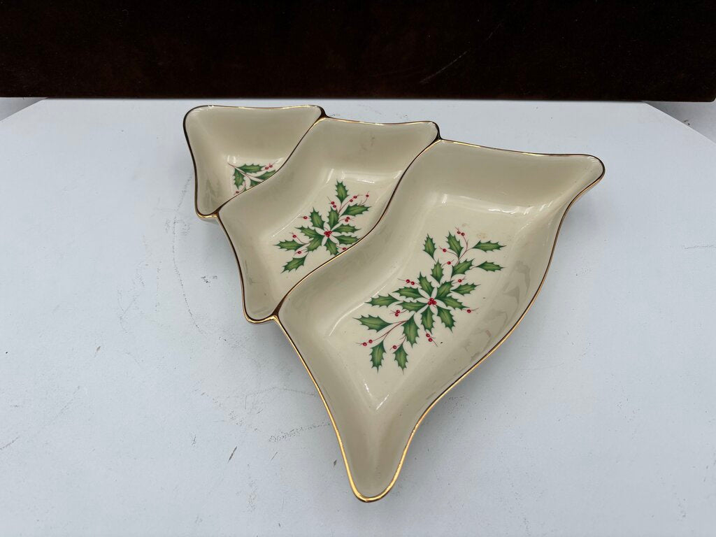 Lenox Holiday Dimensions Collection Gold Trim Tree Three Divided Serving Dish 10"