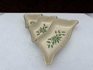 Lenox Holiday Dimensions Collection Gold Trim Tree Three Divided Serving Dish 10"