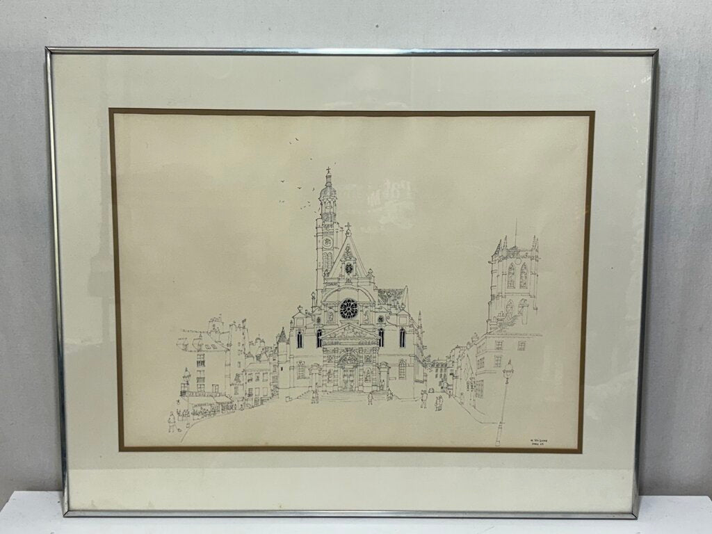 Mori Shizume St. Etienne du Mont Cathedral Paris 1969 Japanese Ink on Paper Original Drawing Rare