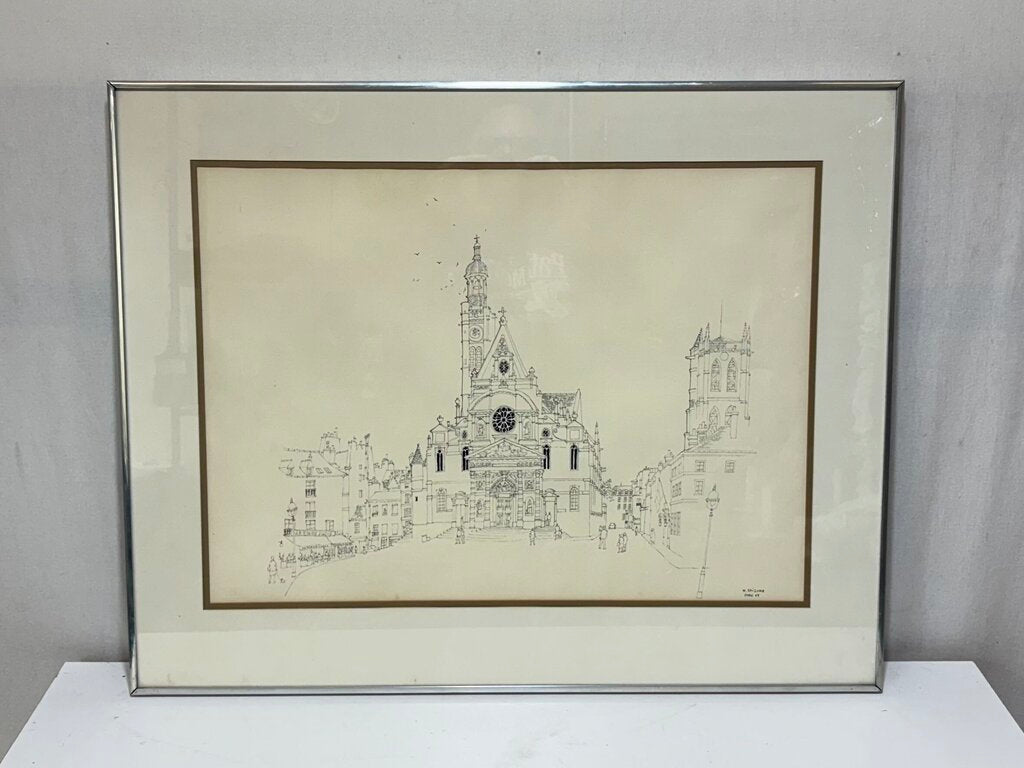 Mori Shizume St. Etienne du Mont Cathedral Paris 1969 Japanese Ink on Paper Original Drawing Rare