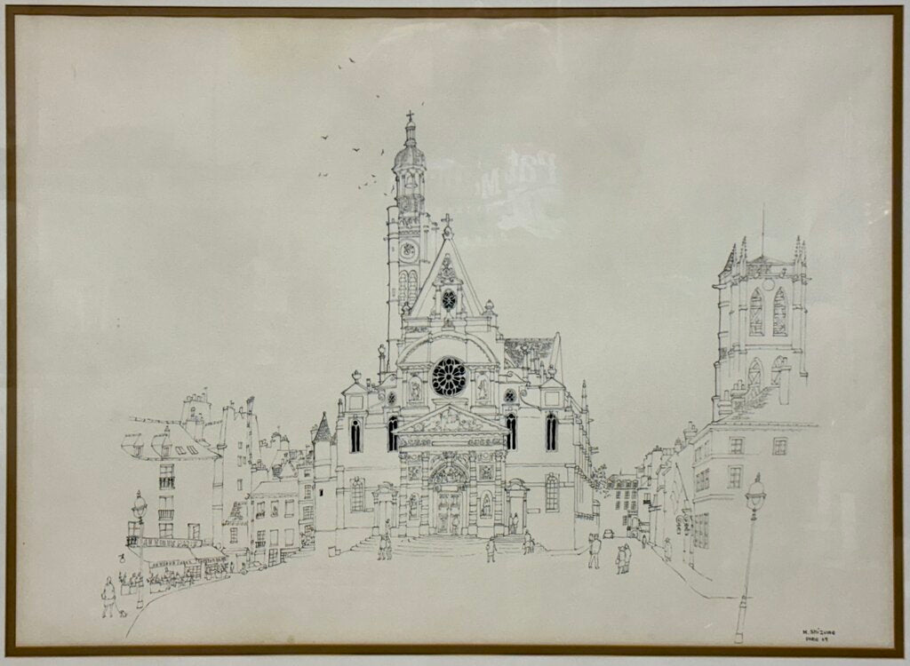Mori Shizume St. Etienne du Mont Cathedral Paris 1969 Japanese Ink on Paper Original Drawing Rare