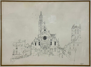 Mori Shizume St. Etienne du Mont Cathedral Paris 1969 Japanese Ink on Paper Original Drawing Rare