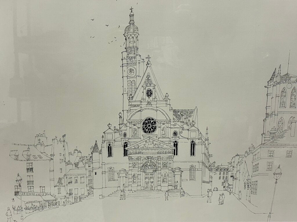 Mori Shizume St. Etienne du Mont Cathedral Paris 1969 Japanese Ink on Paper Original Drawing Rare