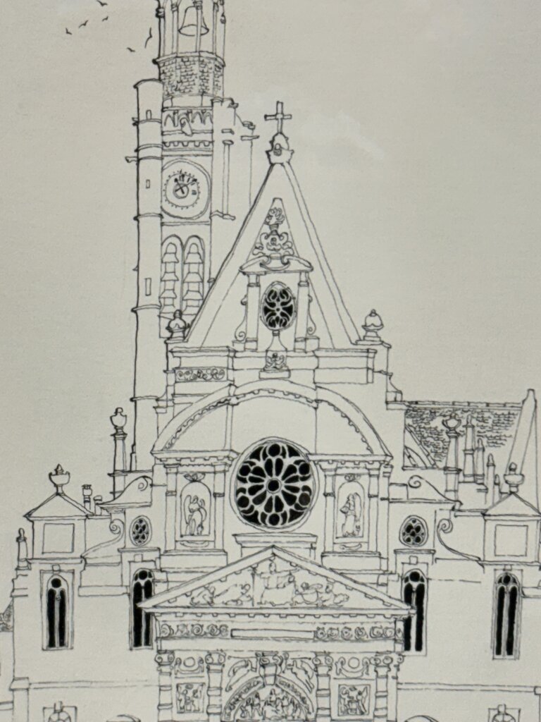 Mori Shizume St. Etienne du Mont Cathedral Paris 1969 Japanese Ink on Paper Original Drawing Rare