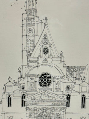 Mori Shizume St. Etienne du Mont Cathedral Paris 1969 Japanese Ink on Paper Original Drawing Rare