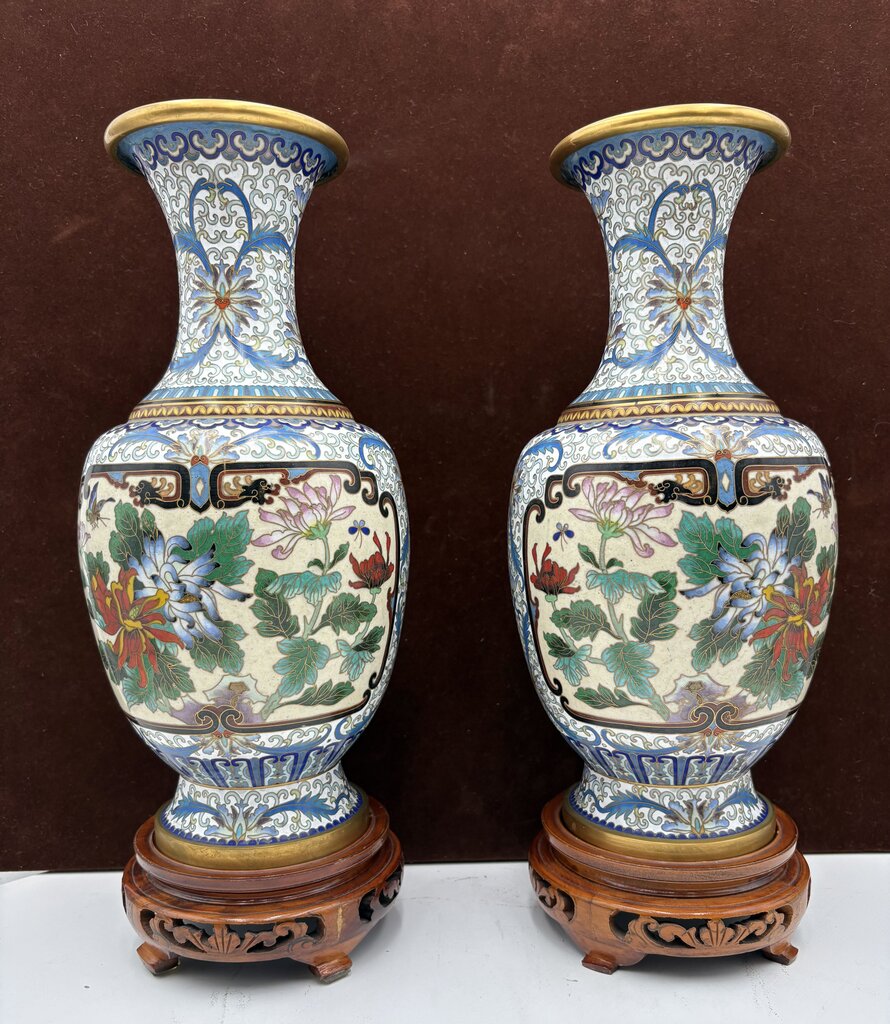 Butterfly Brand Jingfa Beijing Chinese Turquoise Floral Motif Book Matched Pair Cloisonne Vases on Lacquered Stands 14"