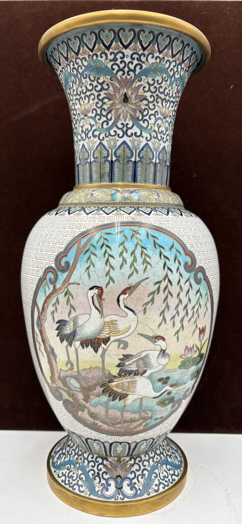 Butterfly Brand Jingfa Beijing Chinese Turquoise White Crane & Peacock Motif Cloisonne Vase 15.75"