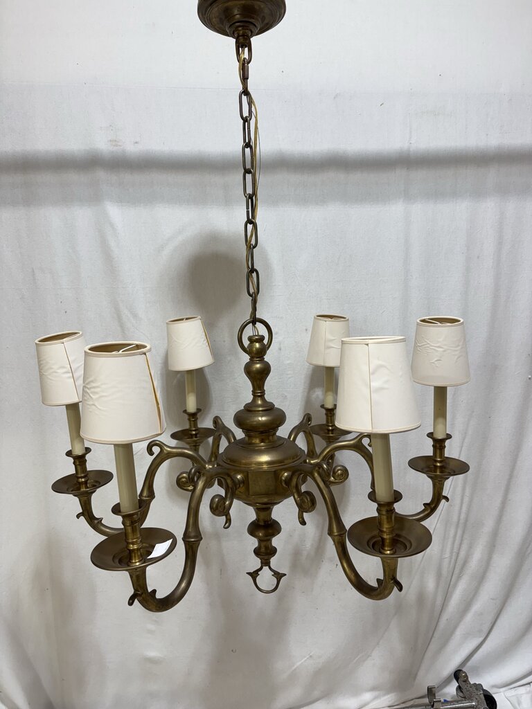 Vintage Solid Brass Scrolled 6 Arm Candlestick Style Chandelier