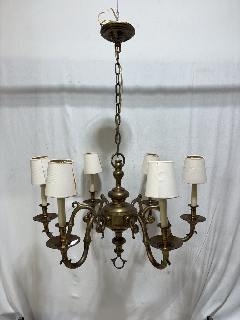 Vintage Solid Brass Scrolled 6 Arm Candlestick Style Chandelier