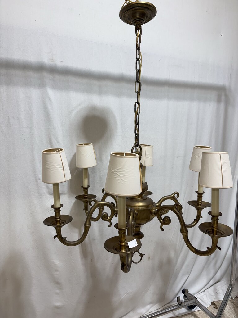 Vintage Solid Brass Scrolled 6 Arm Candlestick Style Chandelier
