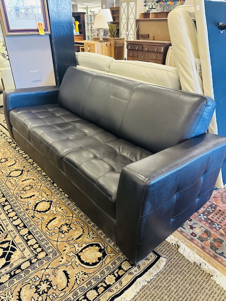 Black Square Arm Tufted Leather Sofa