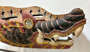 Antique East Asian Carved & Painted Dragon Barong Mask Mounted on Stand