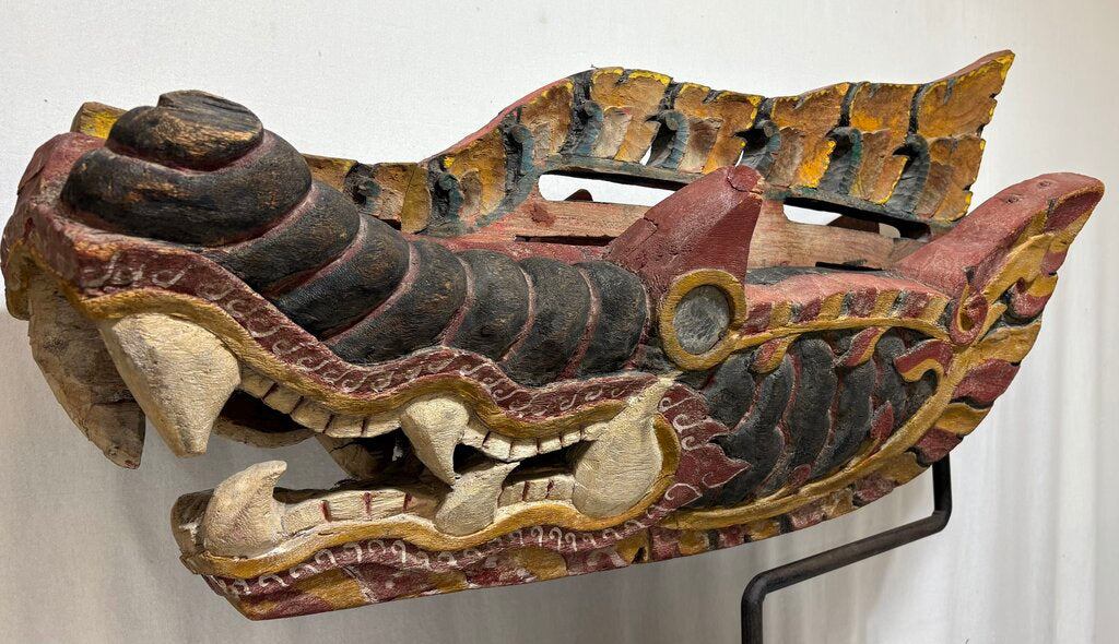 Antique East Asian Carved & Painted Dragon Barong Mask Mounted on Stand
