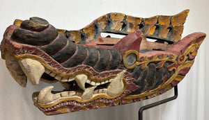 Antique East Asian Carved & Painted Dragon Barong Mask Mounted on Stand