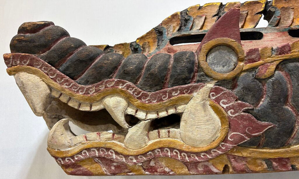 Antique East Asian Carved & Painted Dragon Barong Mask Mounted on Stand