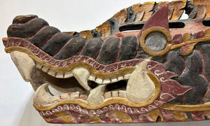 Antique East Asian Carved & Painted Dragon Barong Mask Mounted on Stand