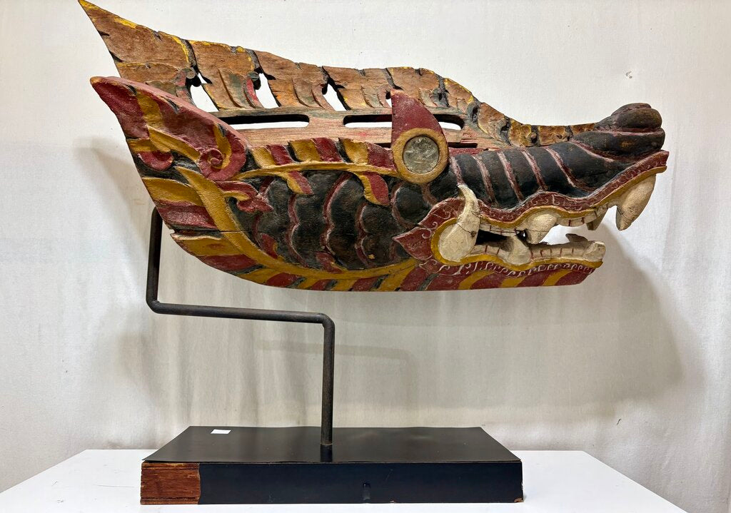 Antique East Asian Carved & Painted Dragon Barong Mask Mounted on Stand