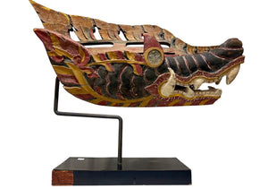 Antique East Asian Carved & Painted Dragon Barong Mask Mounted on Stand