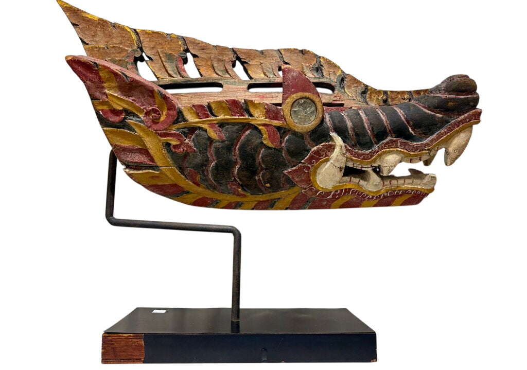 Antique East Asian Carved & Painted Dragon Barong Mask Mounted on Stand