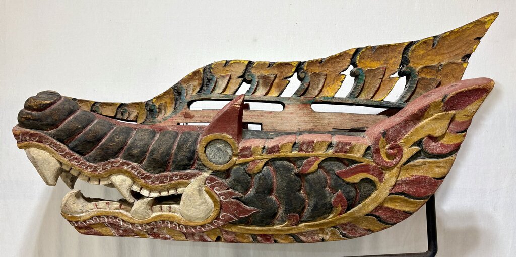 Antique East Asian Carved & Painted Dragon Barong Mask Mounted on Stand