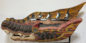 Antique East Asian Carved & Painted Dragon Barong Mask Mounted on Stand