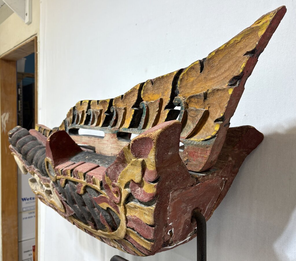 Antique East Asian Carved & Painted Dragon Barong Mask Mounted on Stand