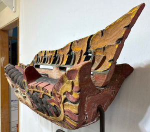 Antique East Asian Carved & Painted Dragon Barong Mask Mounted on Stand