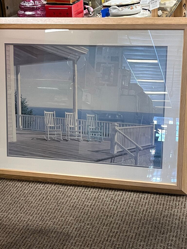 Daniel Pollera 3 Chairs On Porch Print Oak Frame 41.5x33