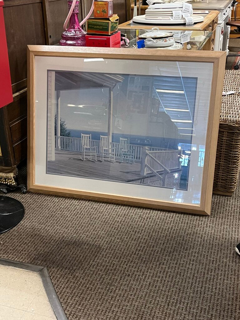 Daniel Pollera 3 Chairs On Porch Print Oak Frame 41.5x33