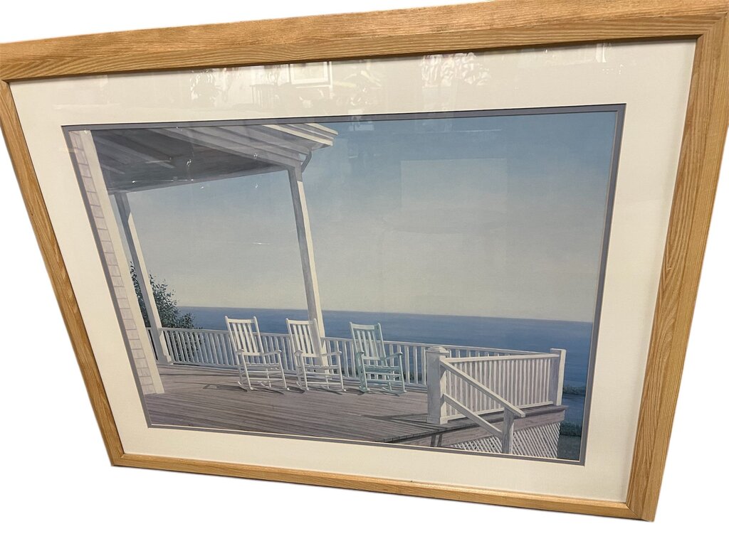 Daniel Pollera 3 Chairs On Porch Print Oak Frame 41.5x33