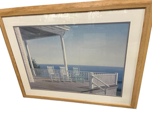 Daniel Pollera 3 Chairs On Porch Print Oak Frame 41.5x33 by Miss Daisy's Consignment & Auction House