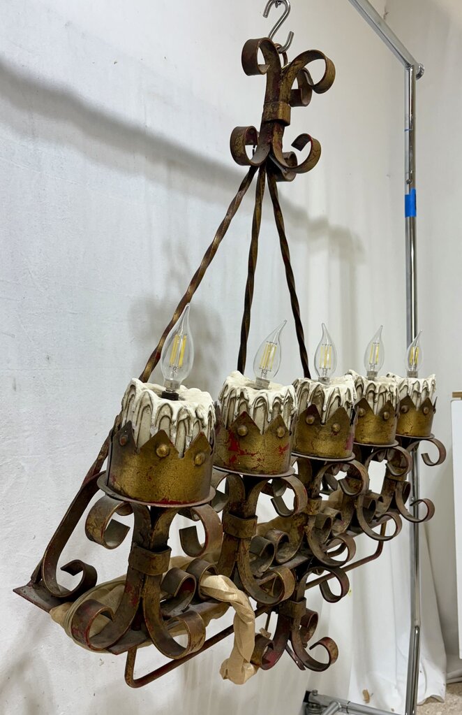 Wrough Iron Medieval Style Wall Mounted 5 Lamp Chandelier