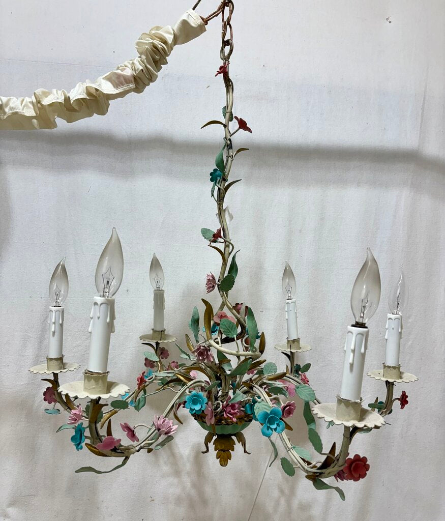 Italian Toleware 6 Arm Candlestick Style Floral Motif Chandelier