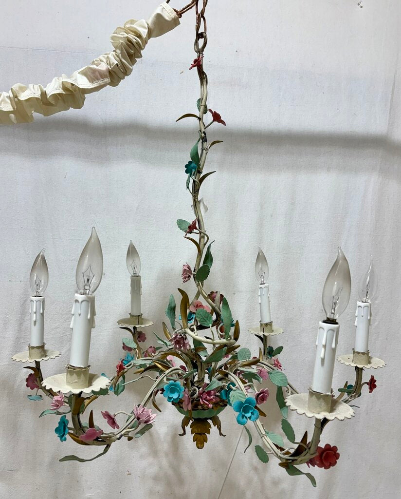 Italian Toleware 6 Arm Candlestick Style Floral Motif Chandelier