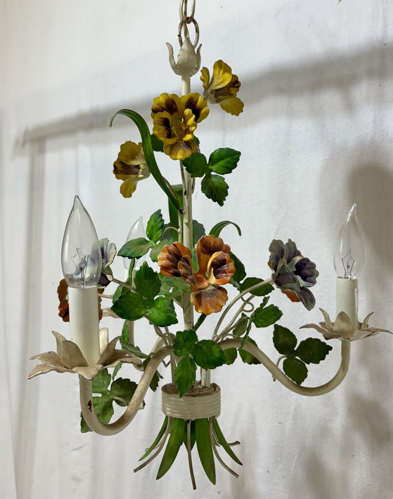 Italian Style Toleware 3 Arm Candlestick Style Floral Motif Chandelier