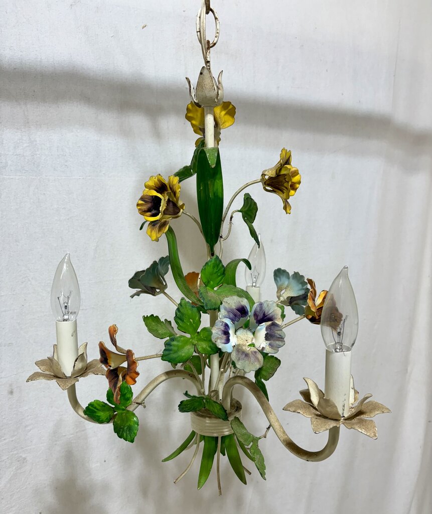Italian Style Toleware 3 Arm Candlestick Style Floral Motif Chandelier